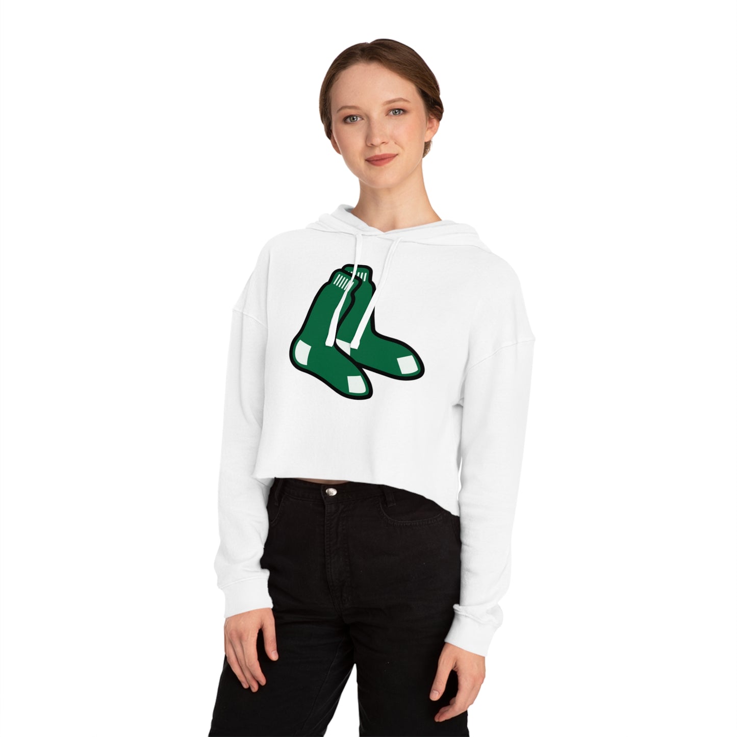 GREEN SOX logo (front)_DUBLIN BASEBALL Script D (back)-Women’s Cropped Hooded Sweatshirt