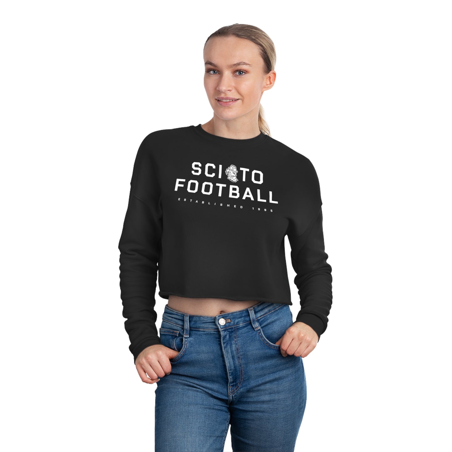 SCIOTO (Leprechaun icon) FOOTBALL_ESTABLISHED 1995-Women's Cropped Sweatshirt