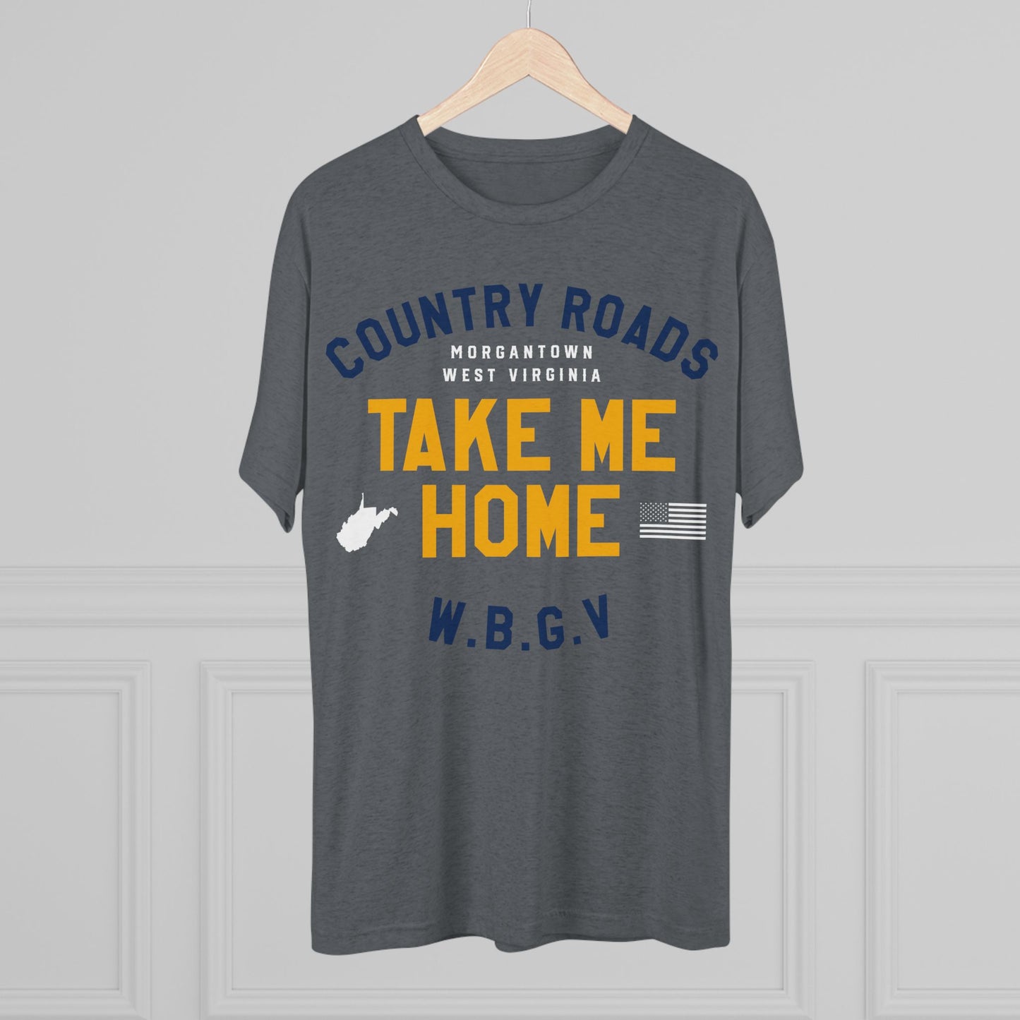 COUNTRY ROADS_TAKE ME HOME_WV STATE SHAPE_USA FLAG_W.B.G.V. MORGANTOWN WEST VIRGINIA-Unisex Tri-Blend Crew Tee