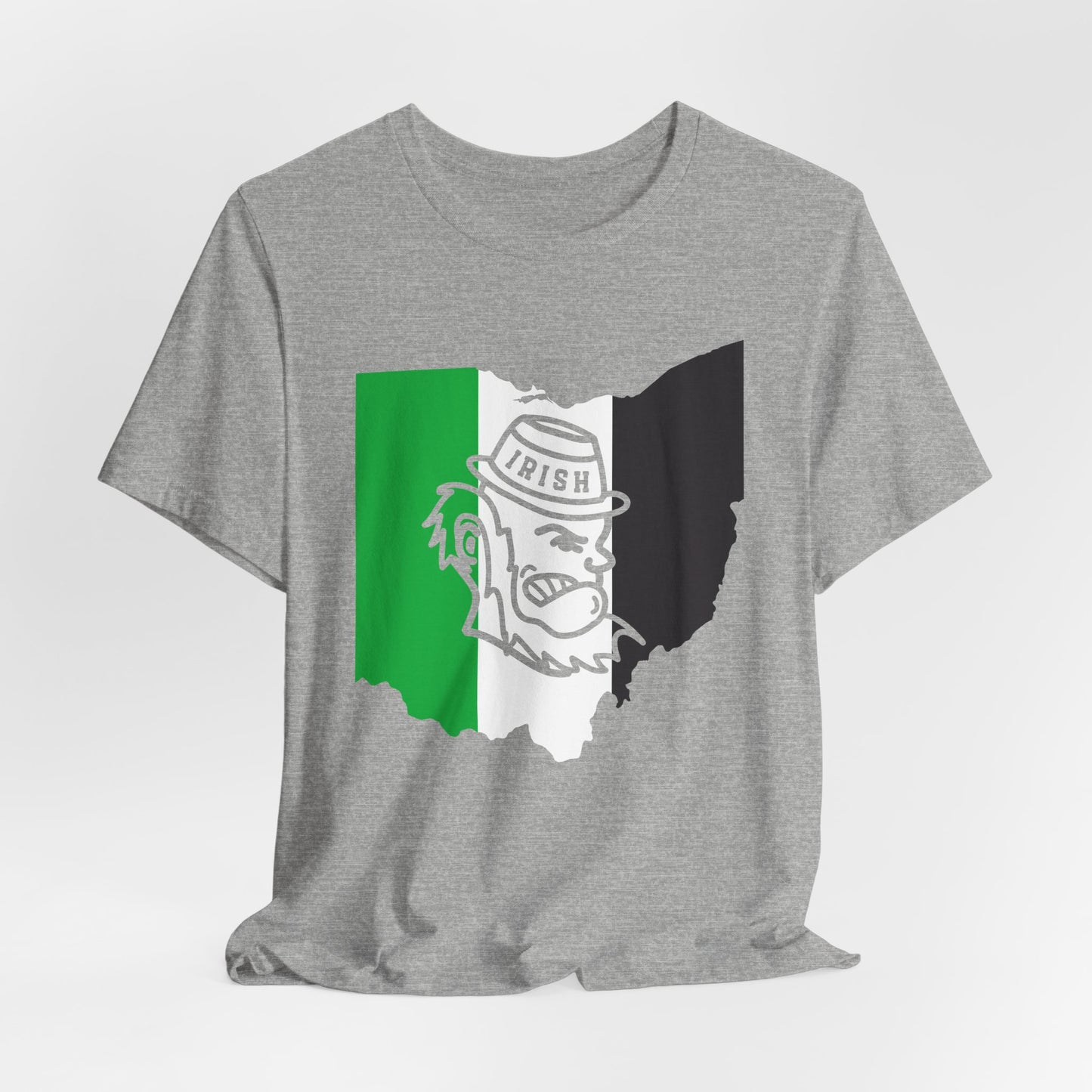 OH STATE SHAPE WITH KELLY-WHITE-BLACK_LEPRECHAUN KNOCKOUT – T-Shirt
