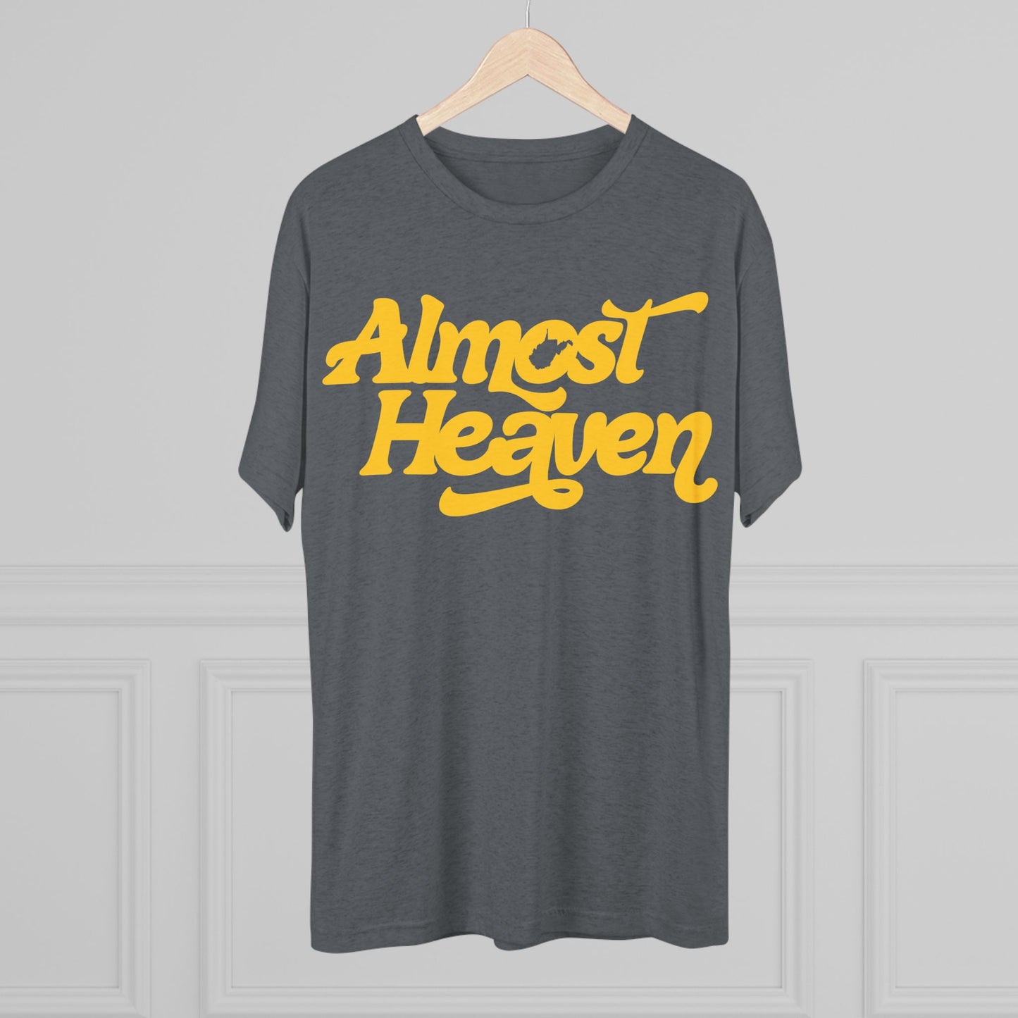 Almost Heaven Tee_(WV STATE KNOCKOUT)-1-color brighter yellow — Retro Script Graphic Shirt
