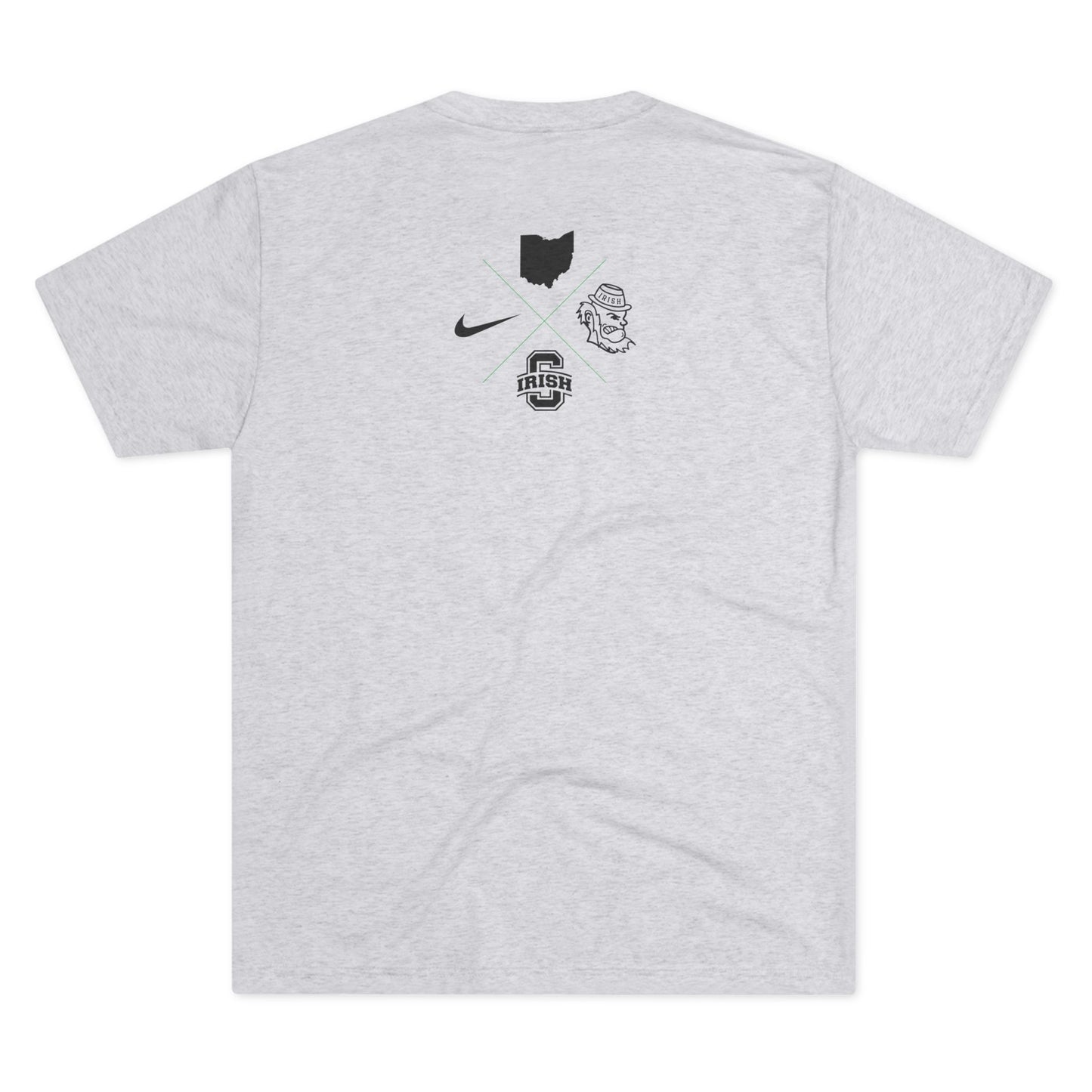 Little Irish Medallion_PASSION-PRIDE-PURPOSE_DUBLIN SCIOTO_SCIOTO BLOCK S LOGO_Back icon graphics – comfy Tri-blend T-shirt