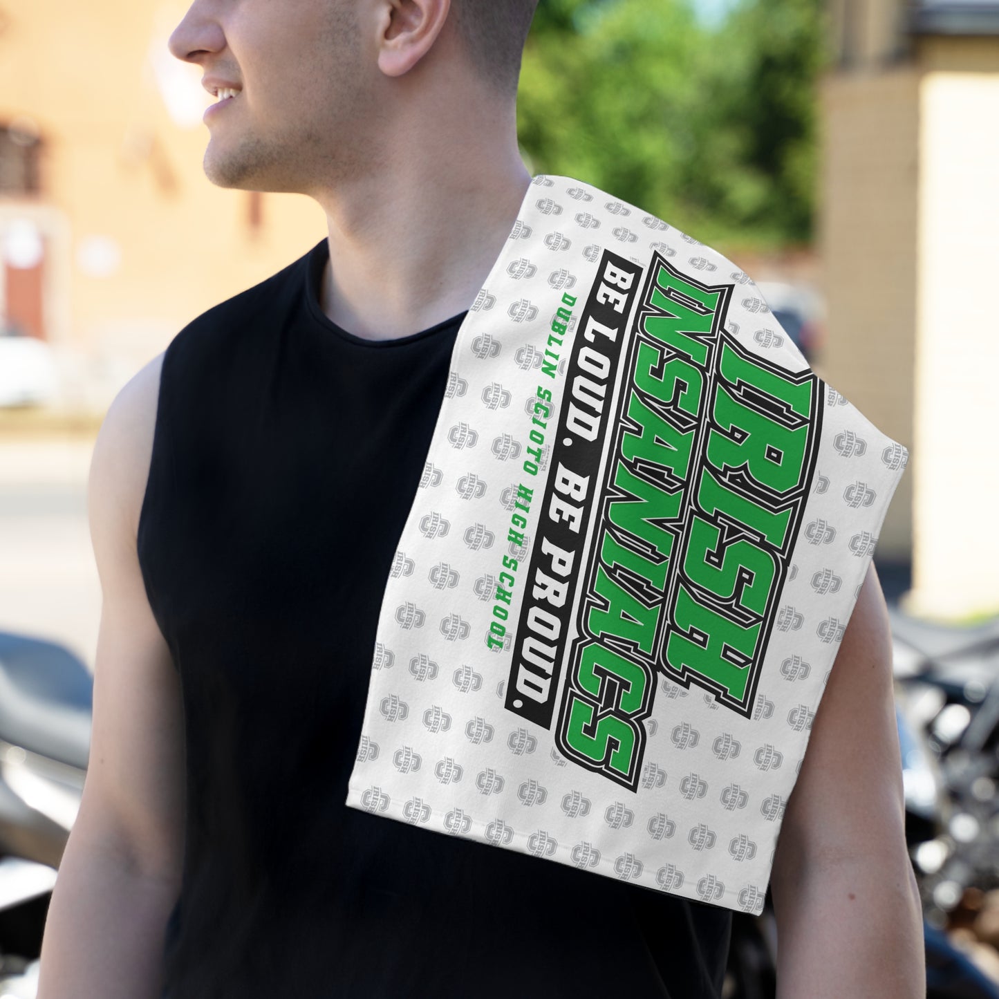 IRISH INSANIACS_BE LOUD. BE PROUD. (SCIOTO logo repeated background)-Rally Towel, 11x18