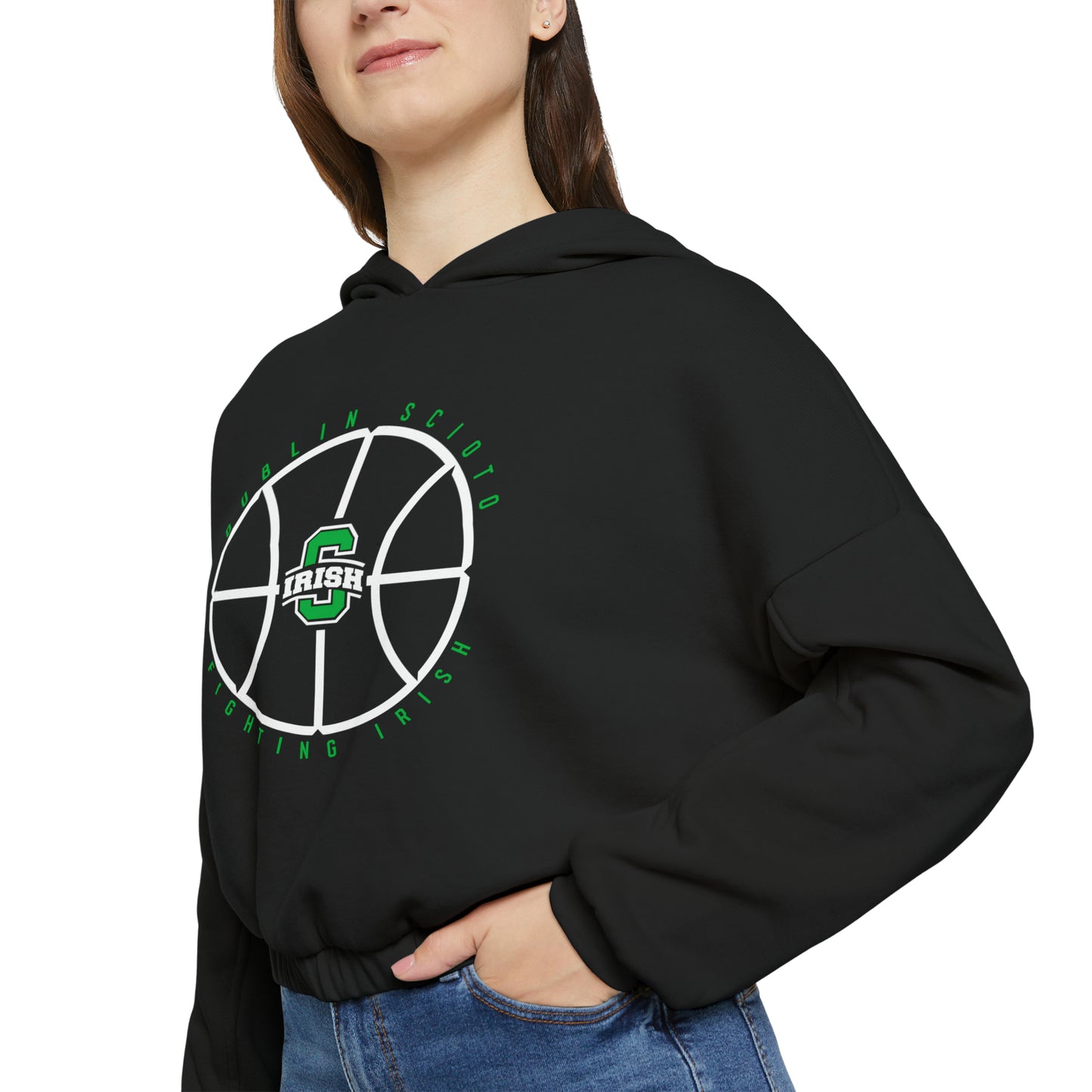 DUBLIN SCIOTO FIGHTING IRISH_BLOCK S IRISH LOGO_BBALL GRAPHIC-Women's Cinched Bottom Hoodie
