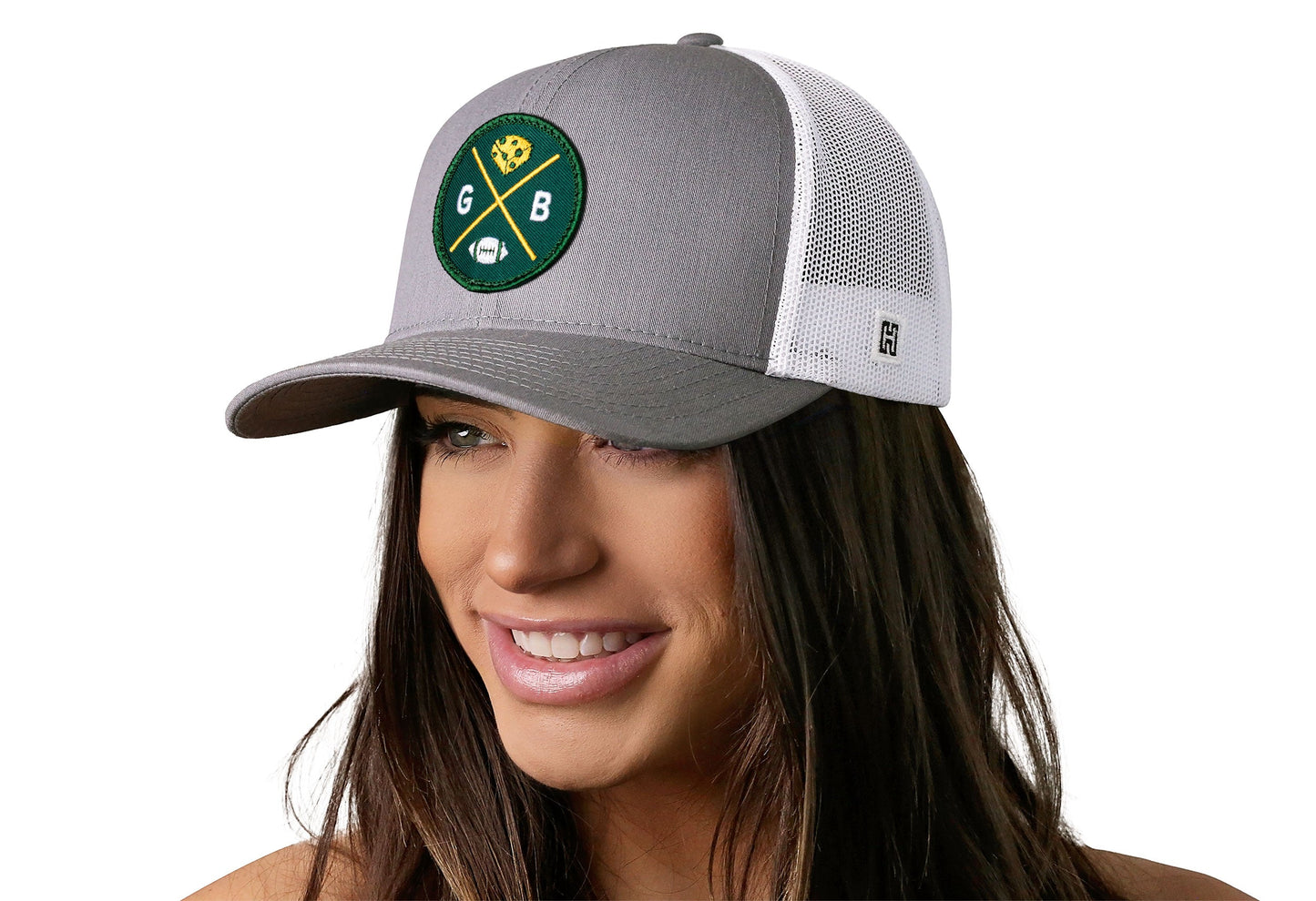 Green Bay Trucker Hat | Gray-White GB X Football Snapback