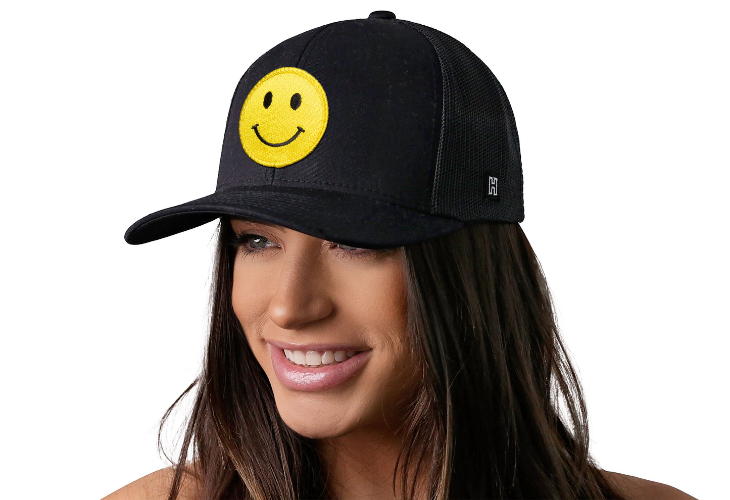 Smiley Face Trucker Hat | Black Emoji Snapback