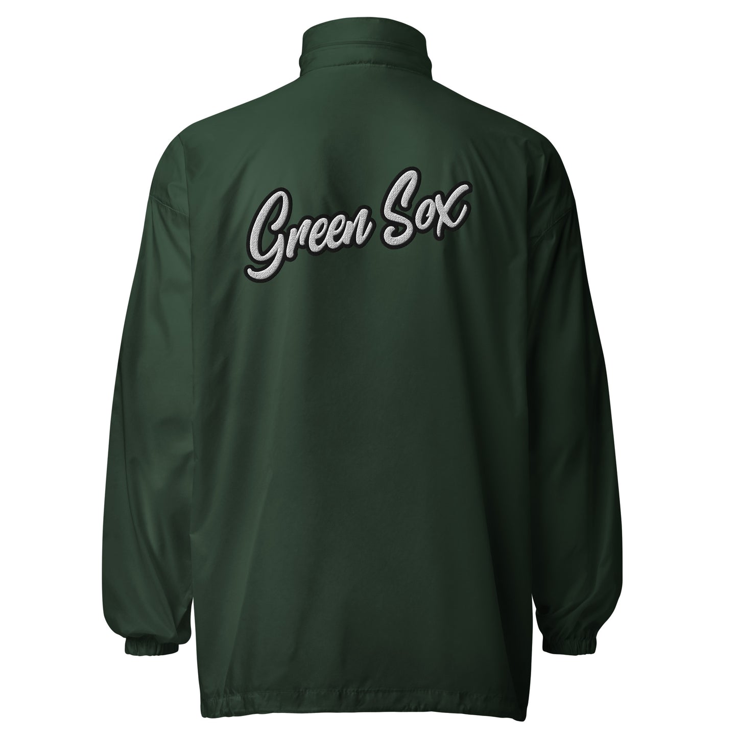 Script D (front green, white outline)_GREEN SOX (back green, white outline) - Unisex windbreaker
