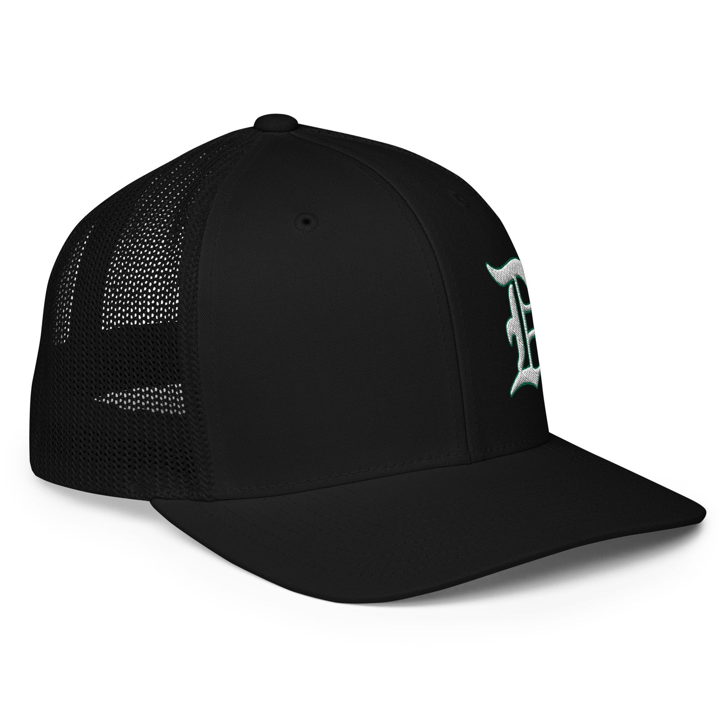 Script D_White-Green outline-asymmetrical design position-Closed-back trucker cap