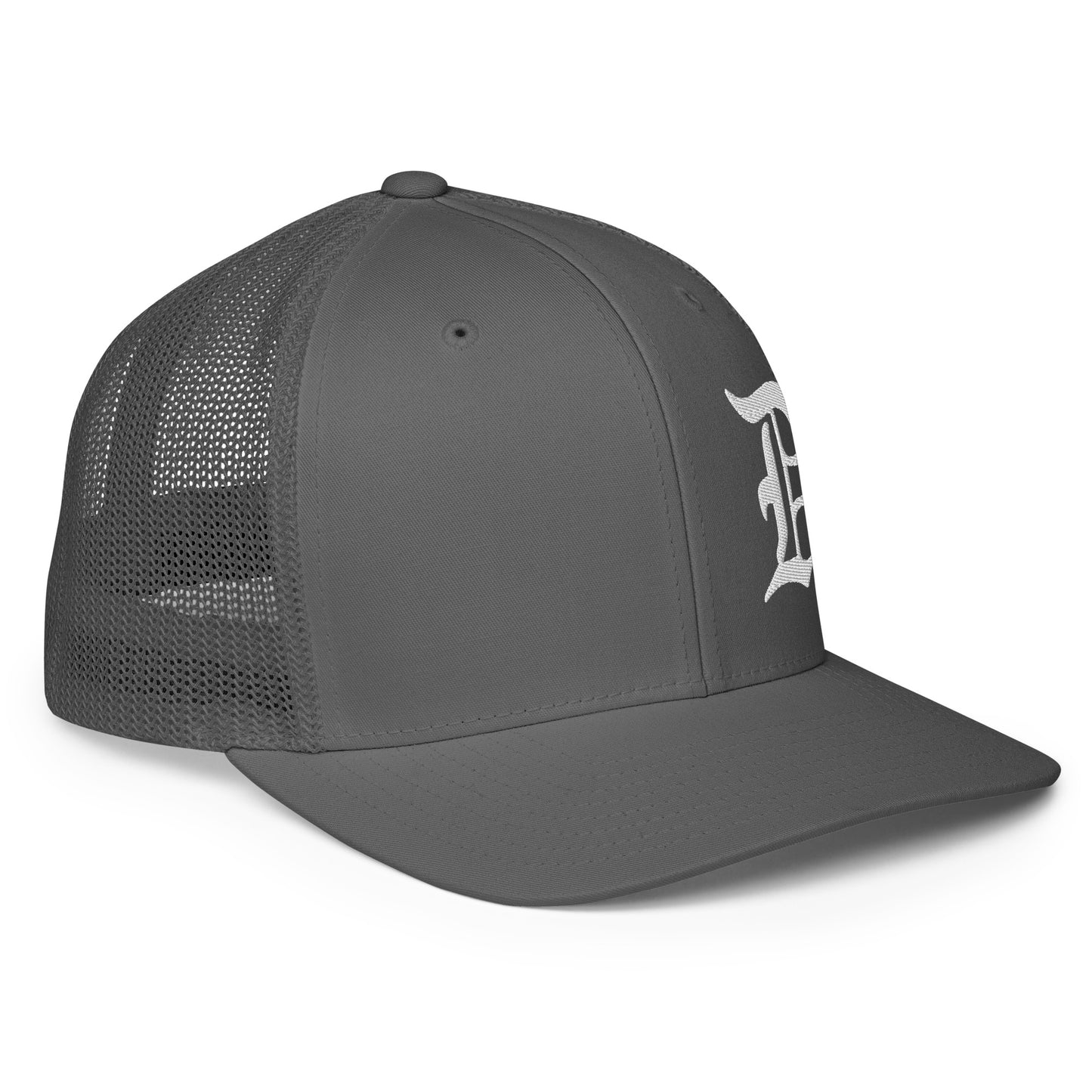 Script D_White-asymmetrical design position-Closed-back trucker cap