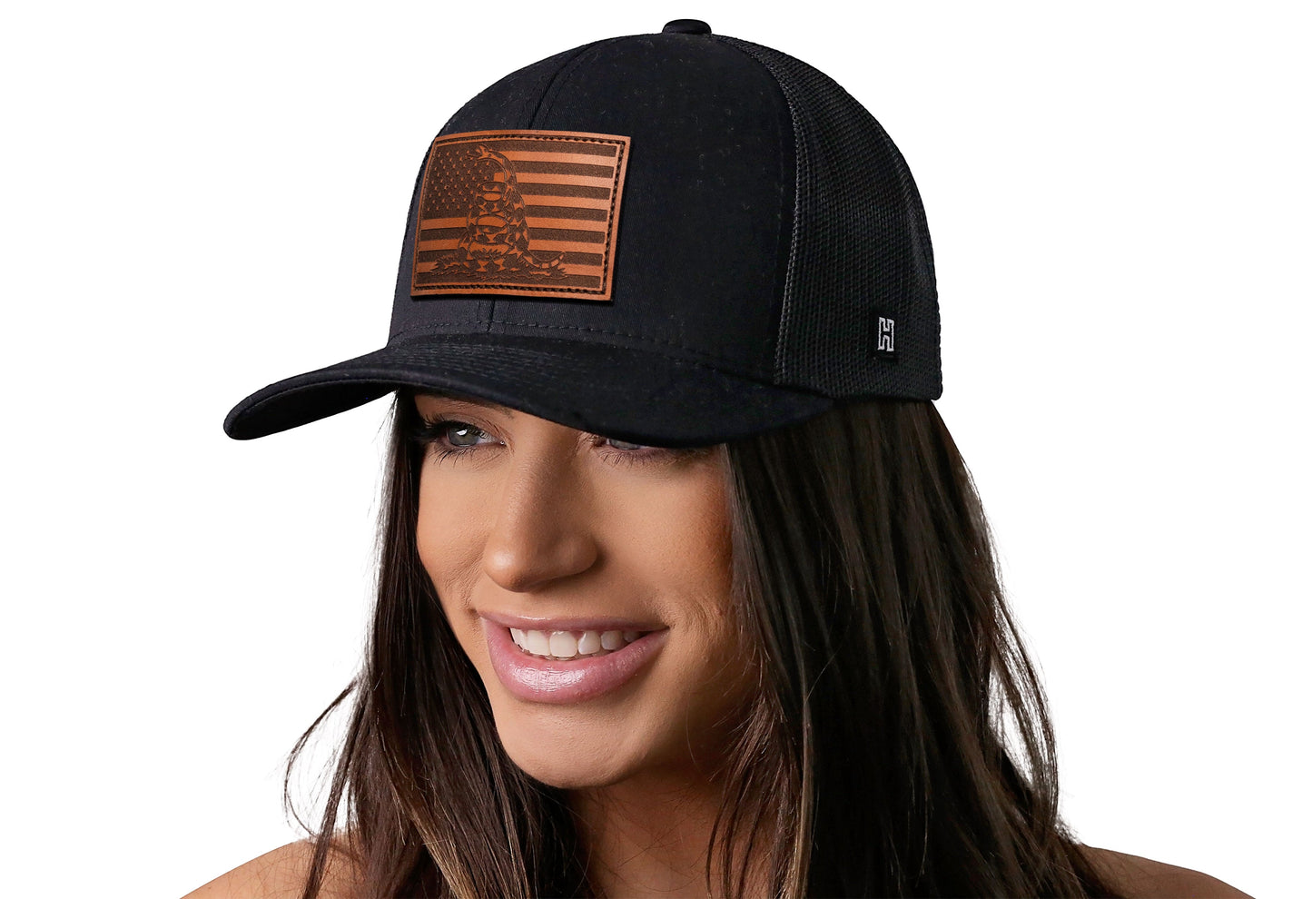 Dont Tread on Me American Flag Trucker Hat | Black Gadsden Leather Snapback