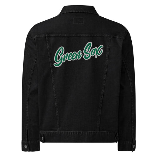 Script D (front-green white outline)_Green Sox (back-script)-Unisex denim jacket