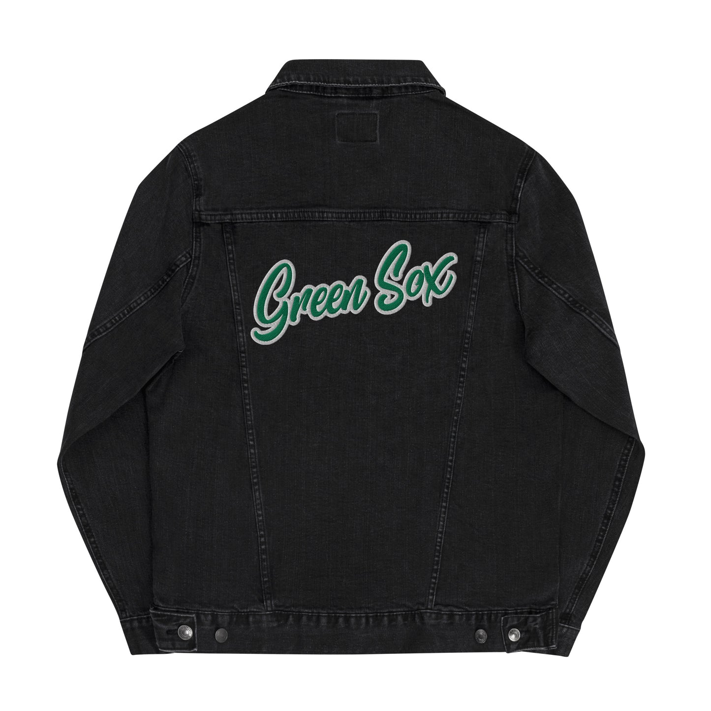 Script D (front-green white outline)_Green Sox (back-script)-Unisex denim jacket