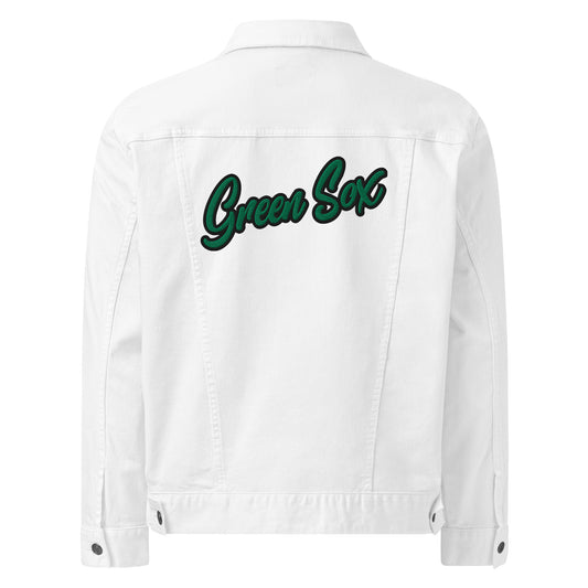 Script D (front-green black outline)_Green Sox (back-script)Unisex denim jacket