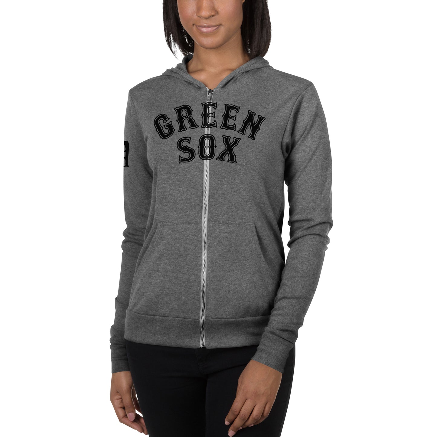 GREEN SOX_arched type (front)_Script D (sleeve)-Unisex zip hoodie