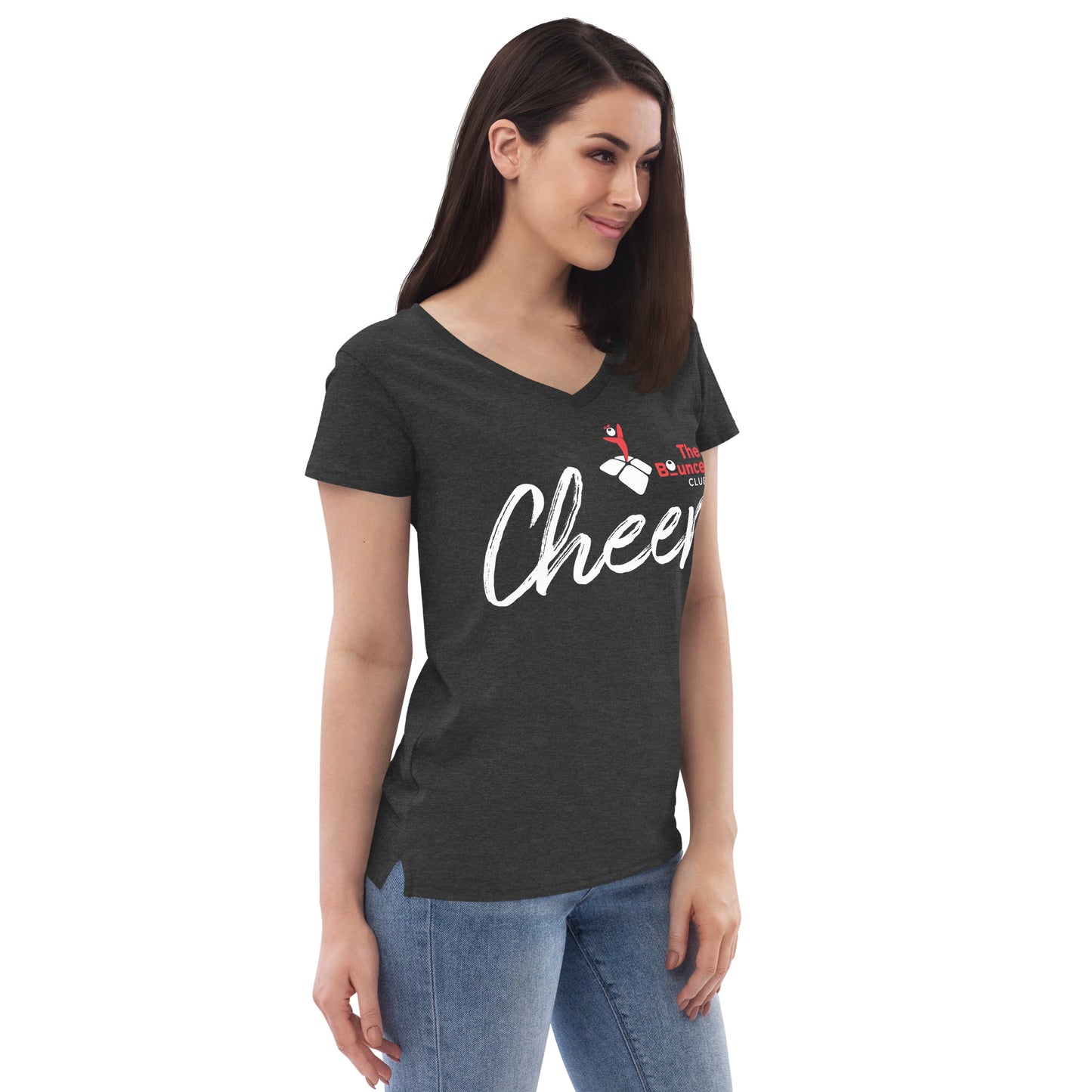 CHEER_The Bounce Club logo with bow in hair design - Women’s recycled v-neck t-shirt