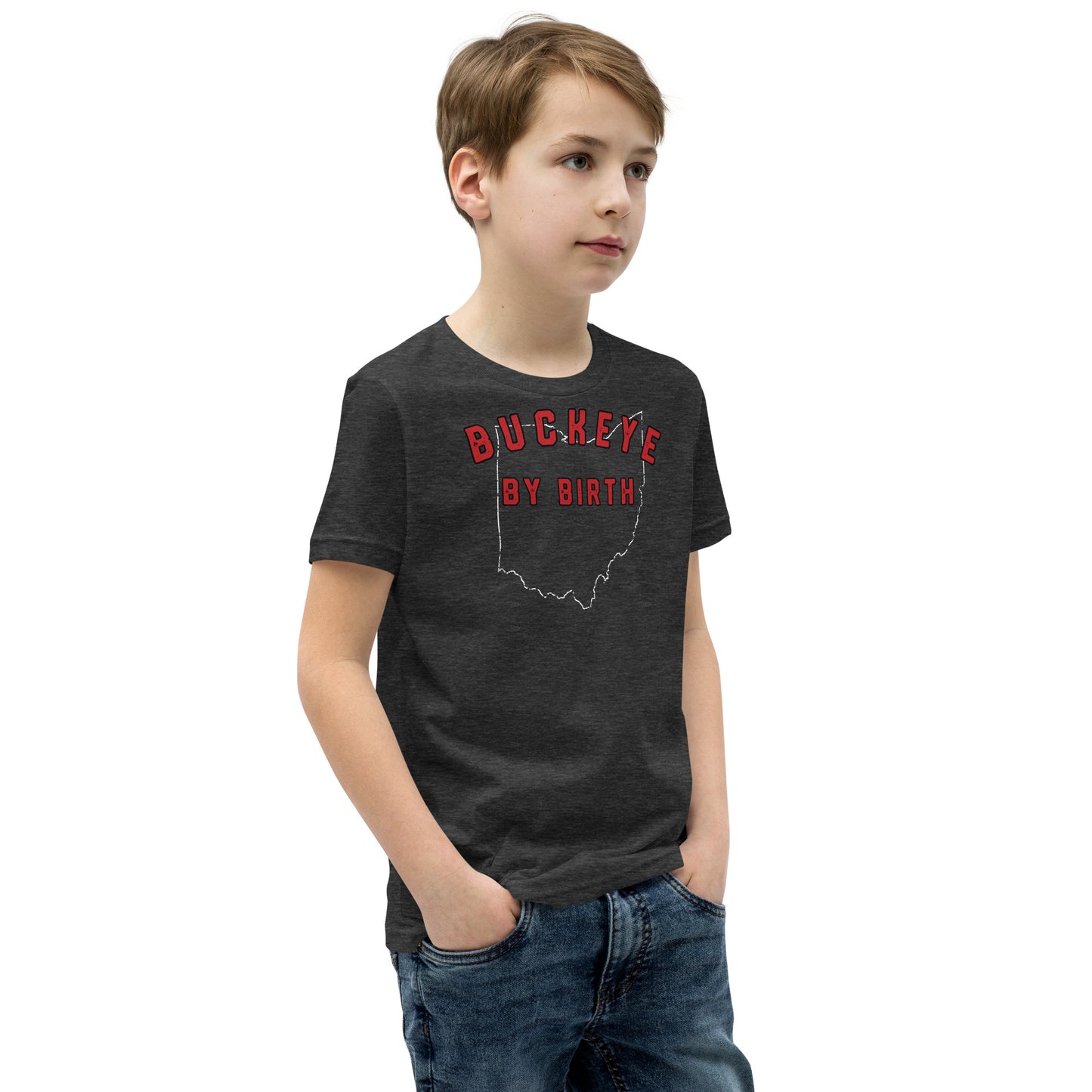 BUCKEYE BY BIRTH-STATE SHAPE GRAPHIC-Youth Short Sleeve T-Shirt