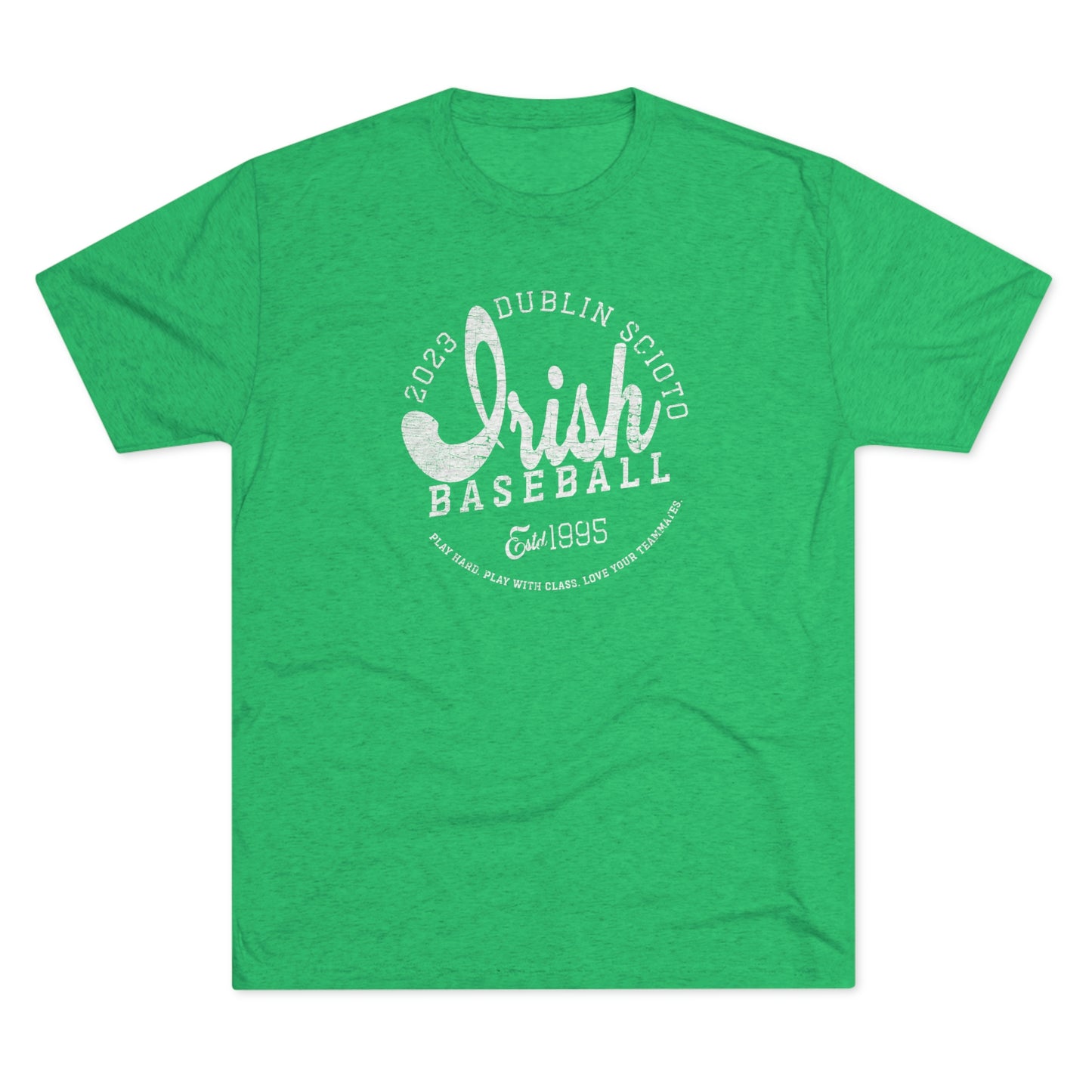 Distressed-IRISH(script) BASEBALL_2023 DUBLIN SCIOTO_EST 1995-Unisex Tri-Blend Crew Tee