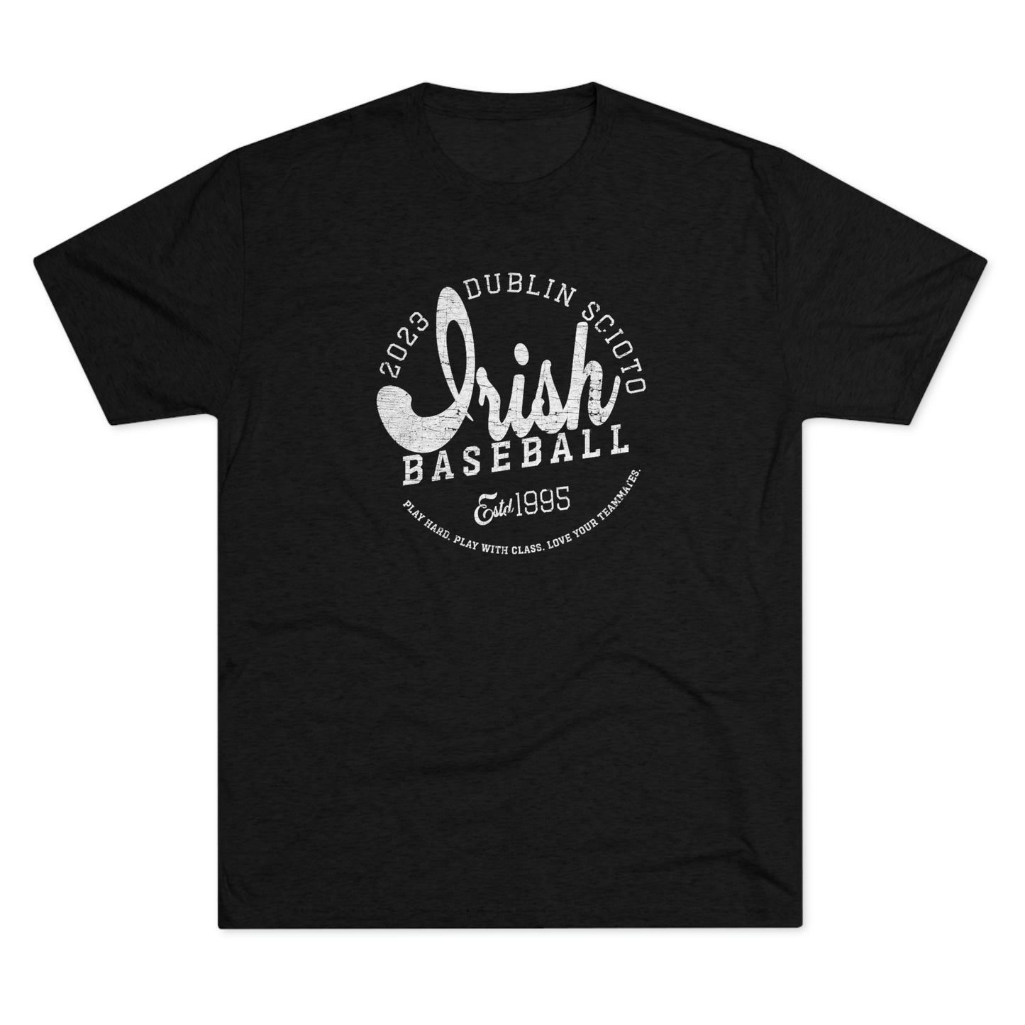 Distressed-IRISH(script) BASEBALL_2023 DUBLIN SCIOTO_EST 1995-Unisex Tri-Blend Crew Tee