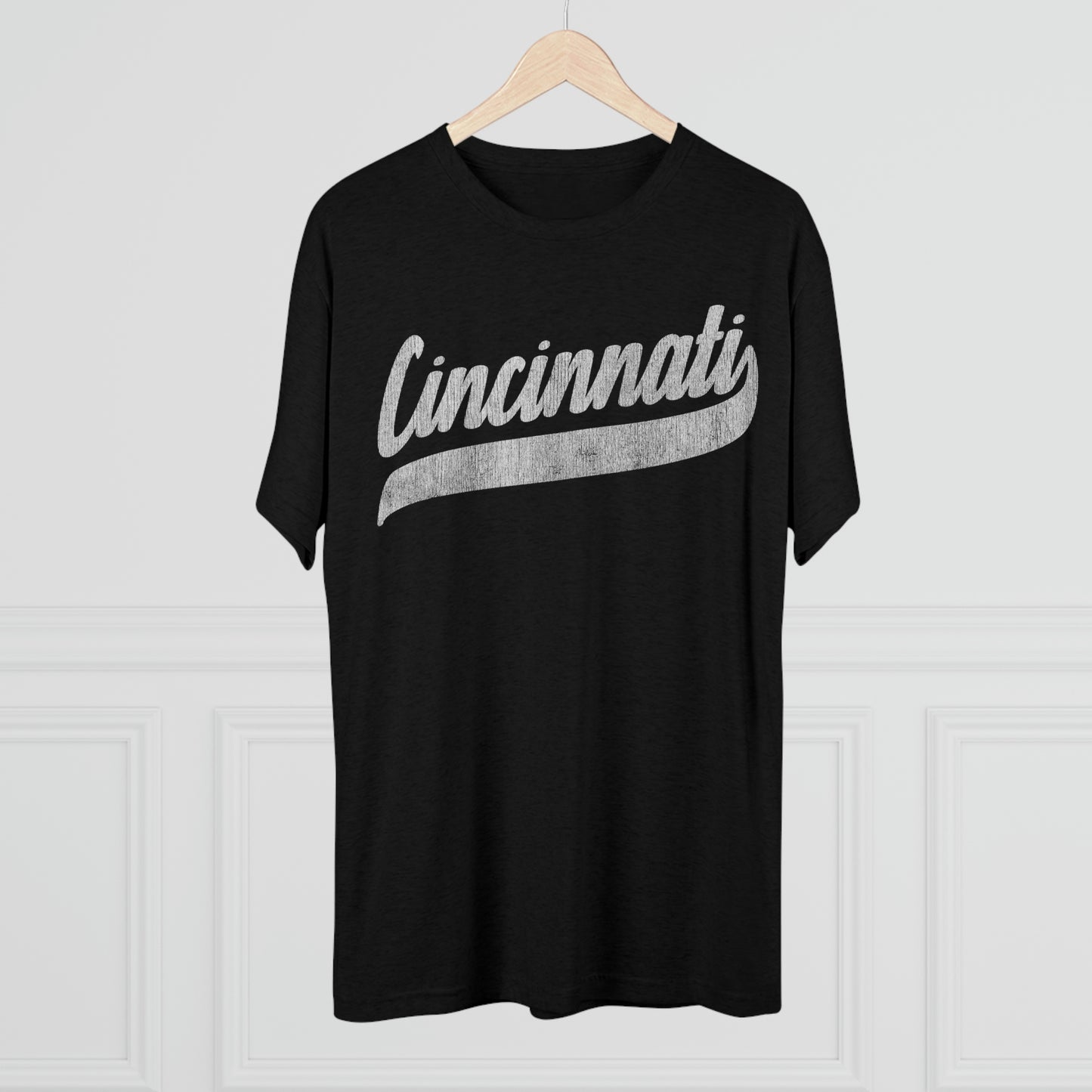 Cincinnati_Script with tail_Distressed-Unisex Tri-Blend Crew Tee