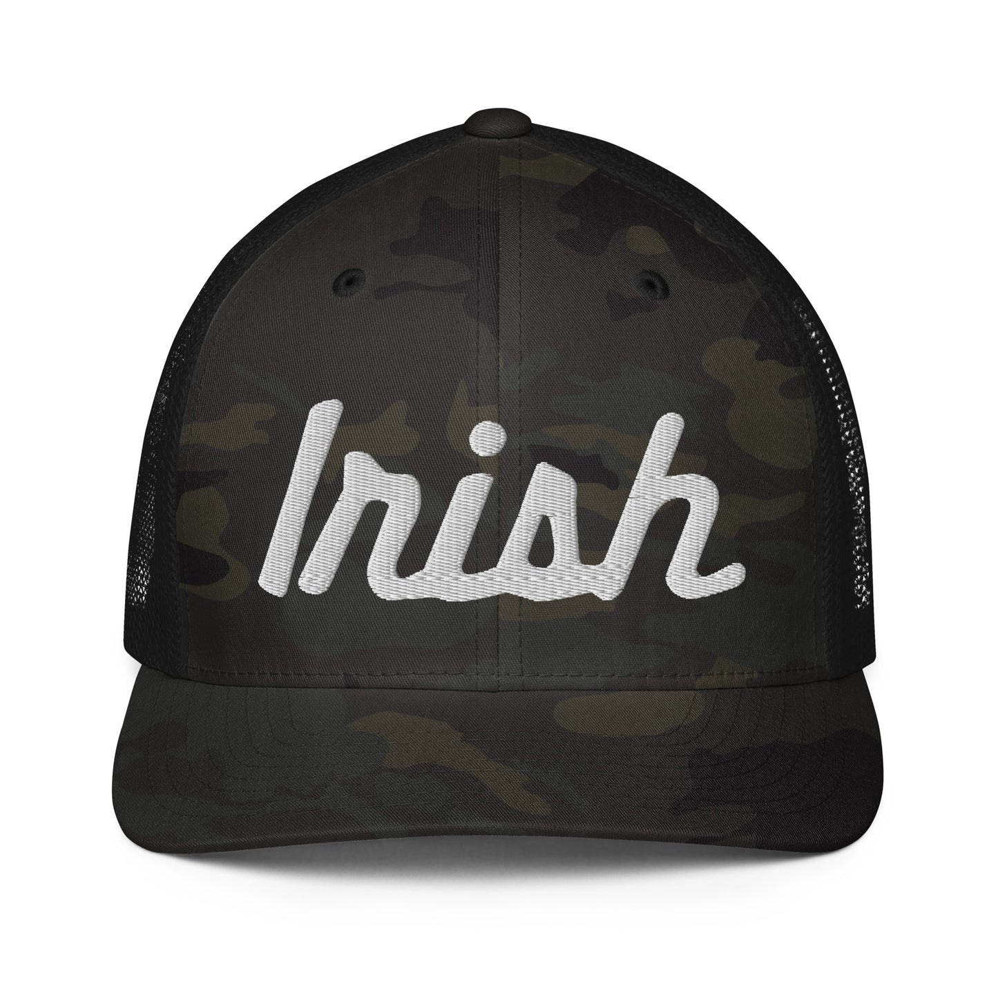 IRISH_SCRIPT_Dimensional_BLACK CAMO_Closed-back trucker cap