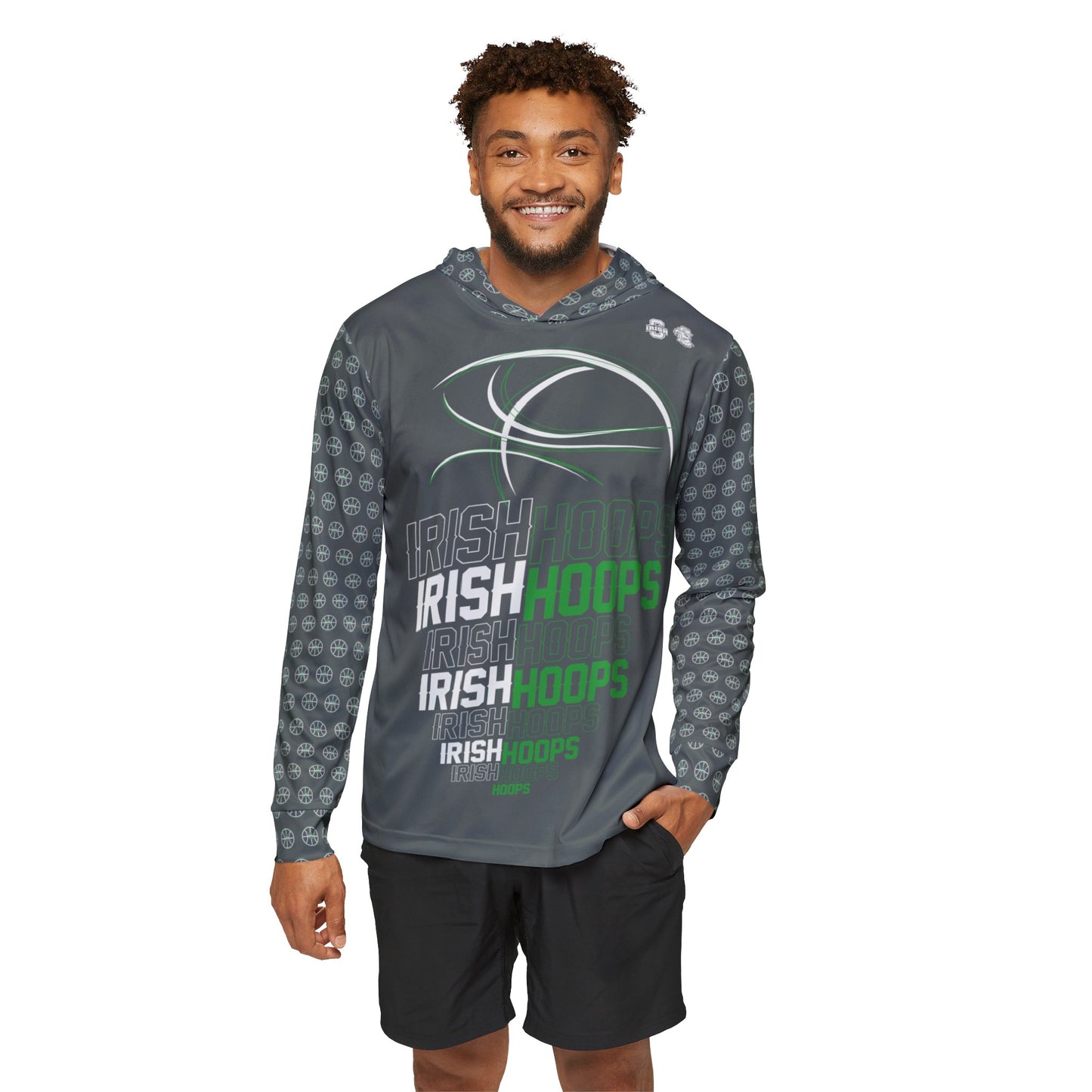 IRISH HOOPS graphic_DUBLIN SCIOTO FIGHTING IRISH logo pattern (sleeves, hood, back)-Men's Sports Warmup Hoodie (AOP)