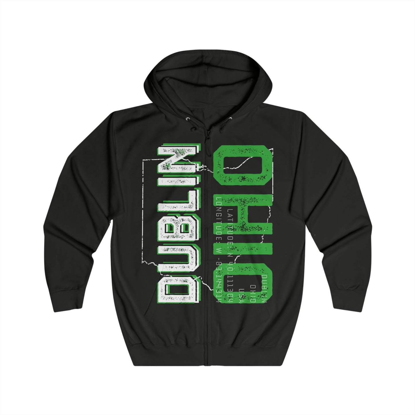DUBLIN OHIO (vertical)_LONGITUDE-LATITUDE_OHIO STATE SHAPE-DISTRESSED - Zip-Up Hoodie