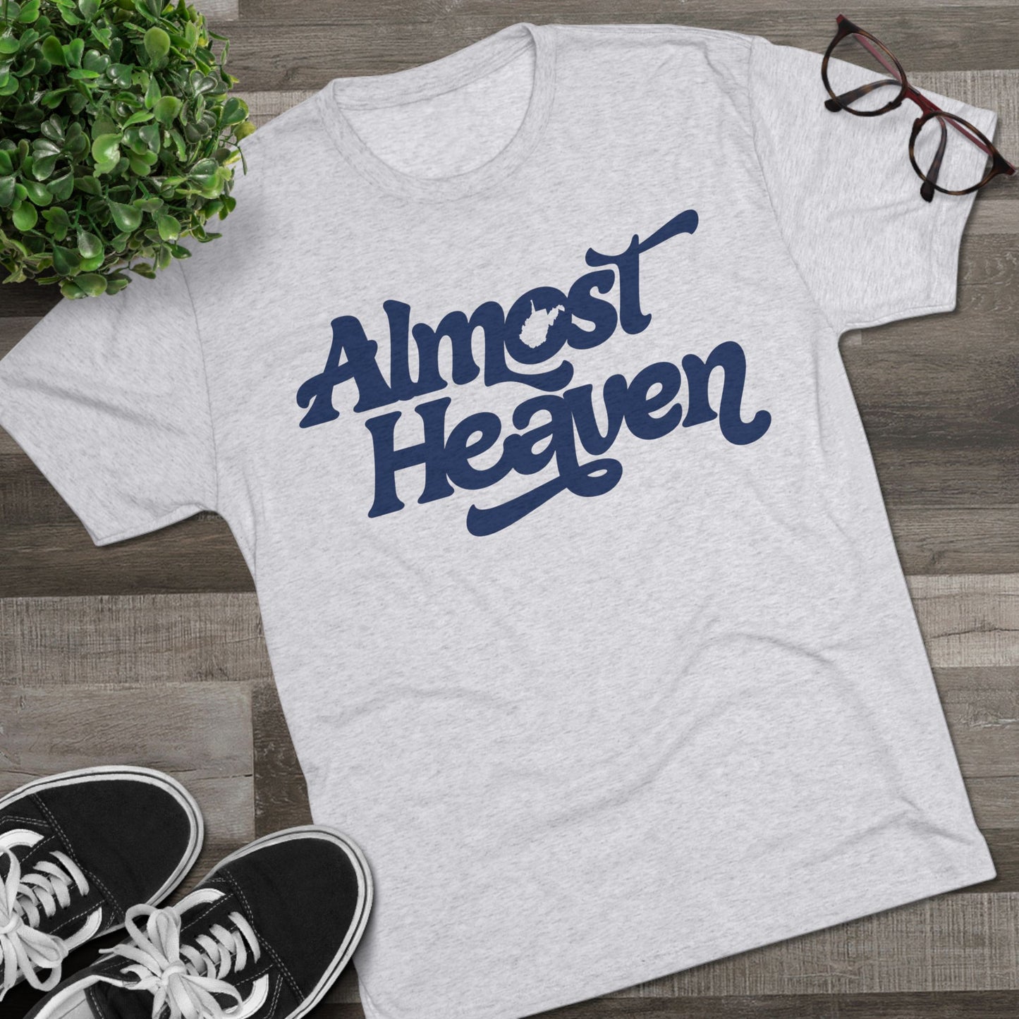Almost Heaven Tee_(WV STATE KNOCKOUT)-1-color blue — Retro Script Graphic Shirt