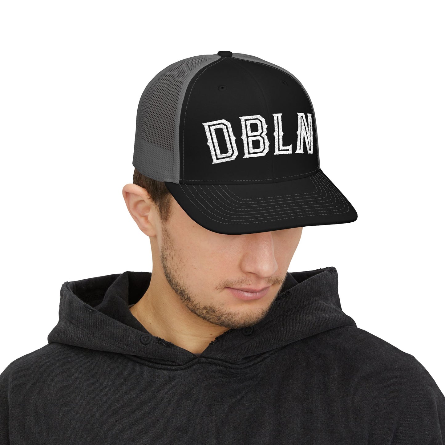 DBLN (outline stroke)_Embroidered-Trucker Snapback Cap — Black Front, White Mesh
