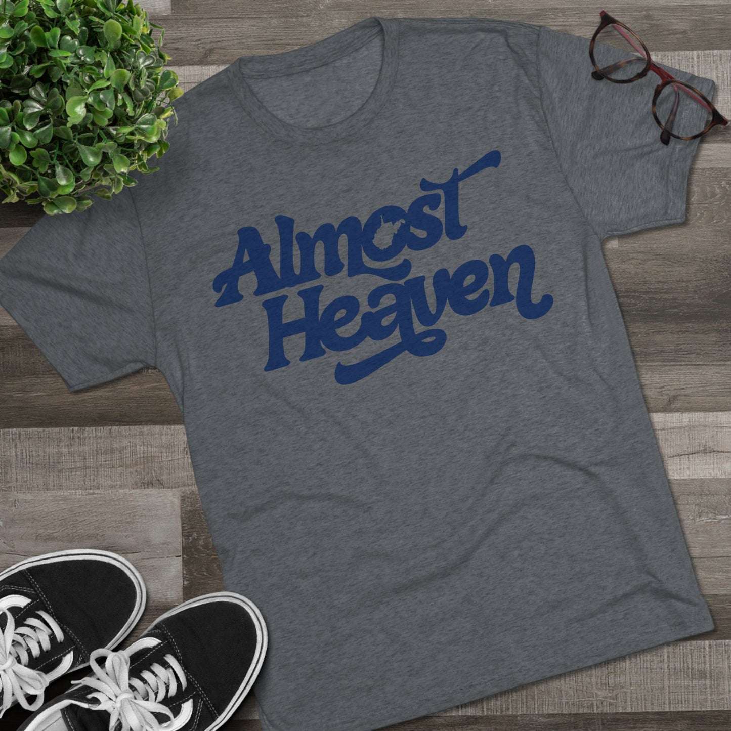 Almost Heaven Tee_(WV STATE KNOCKOUT)-1-color blue — Retro Script Graphic Shirt