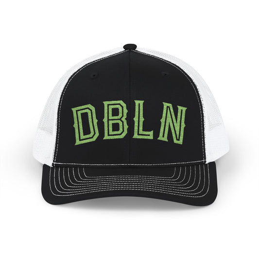 DBLN (outline stroke)_Embroidered-Trucker Snapback Cap — Black Front, White Mesh