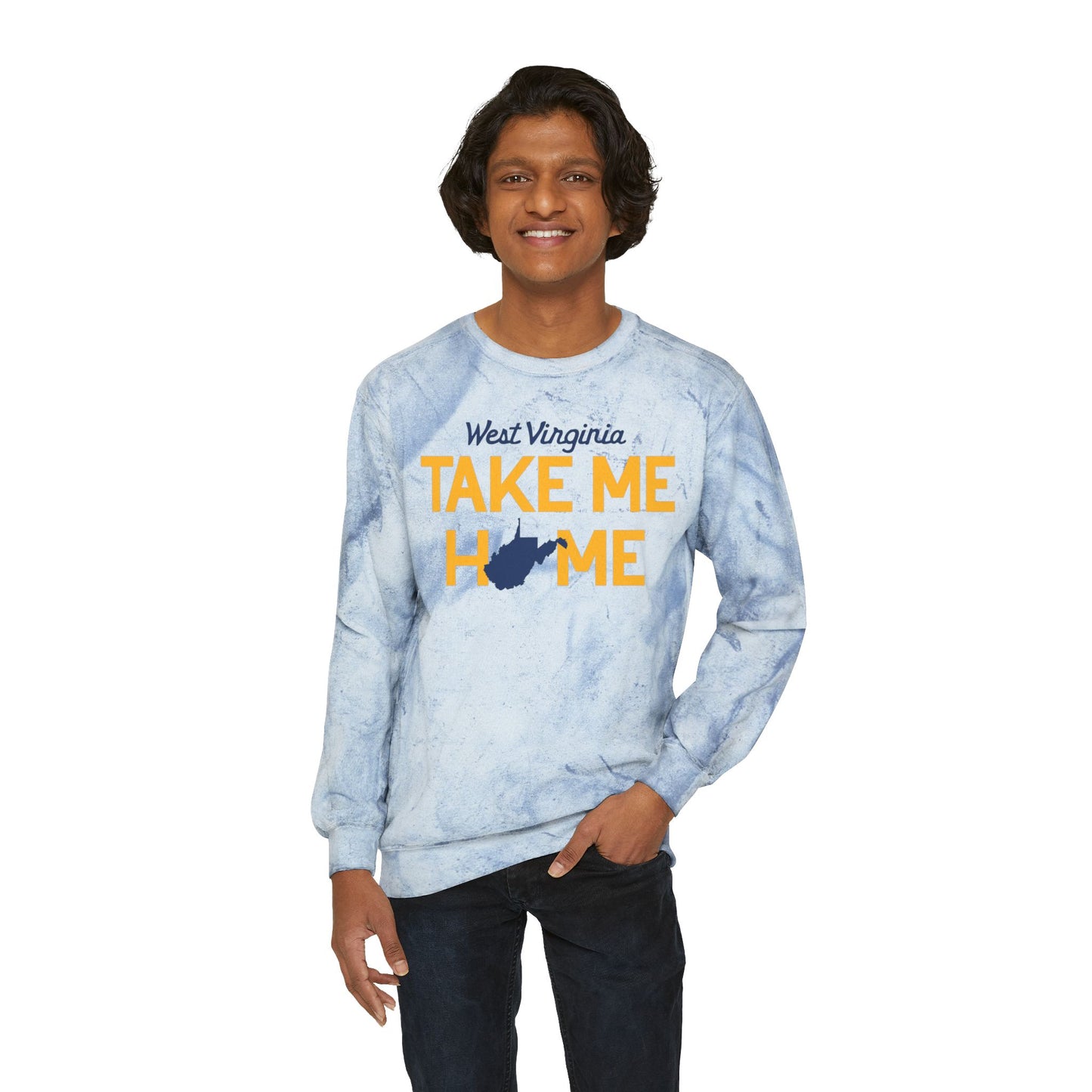 WEST VIRIGINIA (script)_TAKE ME HOME (WV State Shape)-Unisex Color Blast Crewneck Sweatshirt