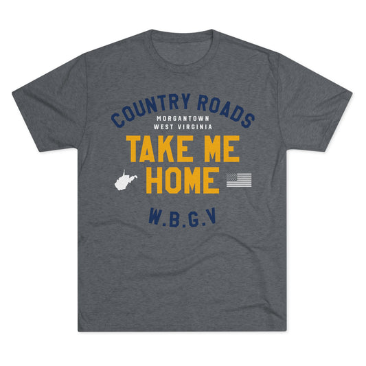 COUNTRY ROADS_TAKE ME HOME_WV STATE SHAPE_USA FLAG_W.B.G.V. MORGANTOWN WEST VIRGINIA-Unisex Tri-Blend Crew Tee