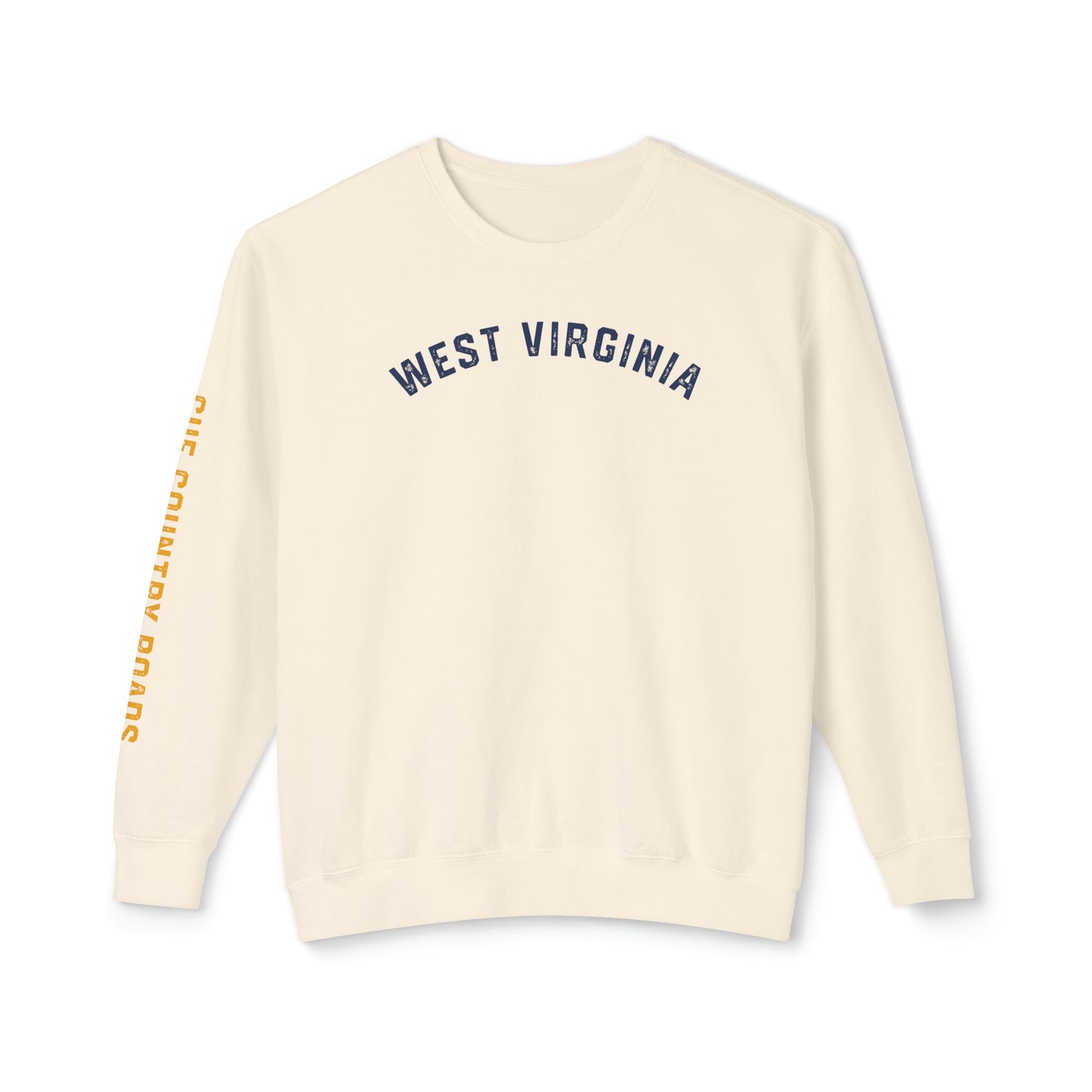 WEST VIRGINIA (arched type)_CUE COUNTRY ROADS (sleeve)-Unisex Lightweight Crewneck Sweatshirt