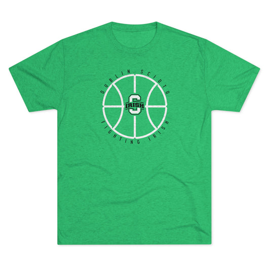 DUBLIN SCIOTO FIGHTING IRISH_BLOCK S IRISH LOGO_BBALL GRAPHIC-Unisex Tri-Blend Crew Tee