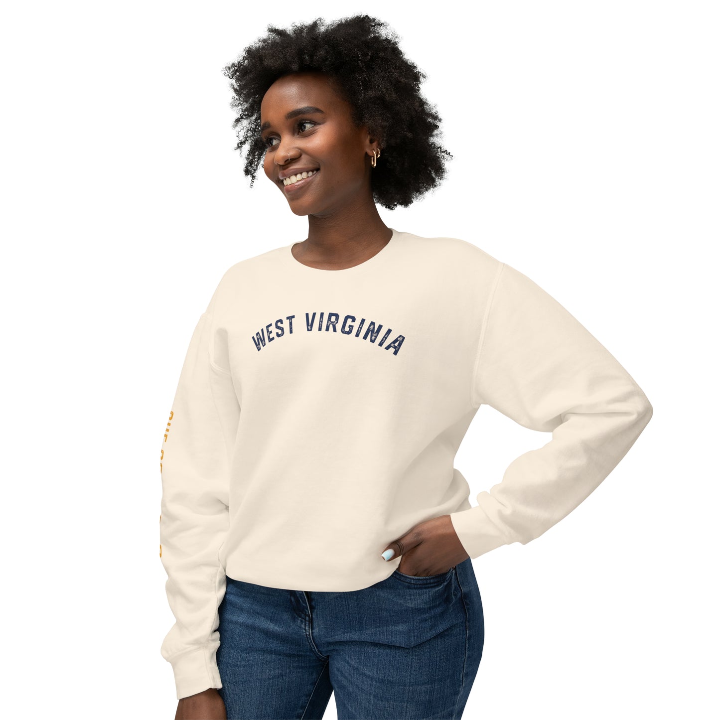 WEST VIRGINIA (arched type)_CUE COUNTRY ROADS (sleeve)-Unisex Lightweight Crewneck Sweatshirt