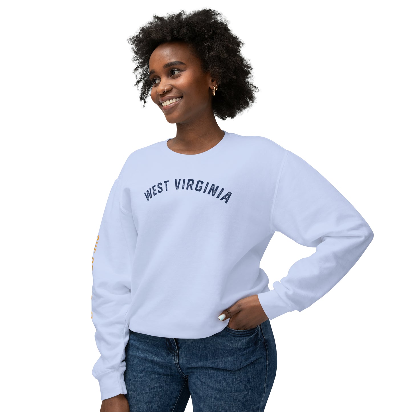 WEST VIRGINIA (arched type)_CUE COUNTRY ROADS (sleeve)-Unisex Lightweight Crewneck Sweatshirt