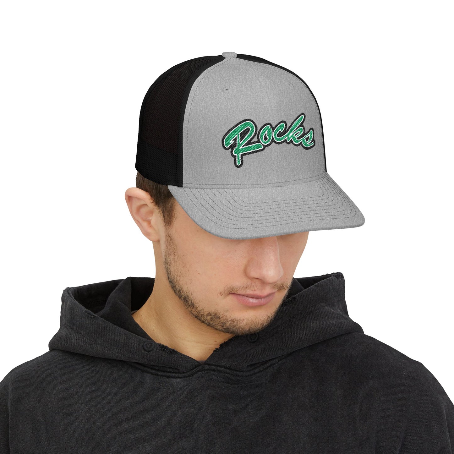 ROCKS Embroidered Trucker Snapback Cap — Black Front, White Mesh