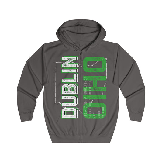 DUBLIN OHIO (vertical)_LONGITUDE-LATITUDE_OHIO STATE SHAPE-DISTRESSED - Zip-Up Hoodie