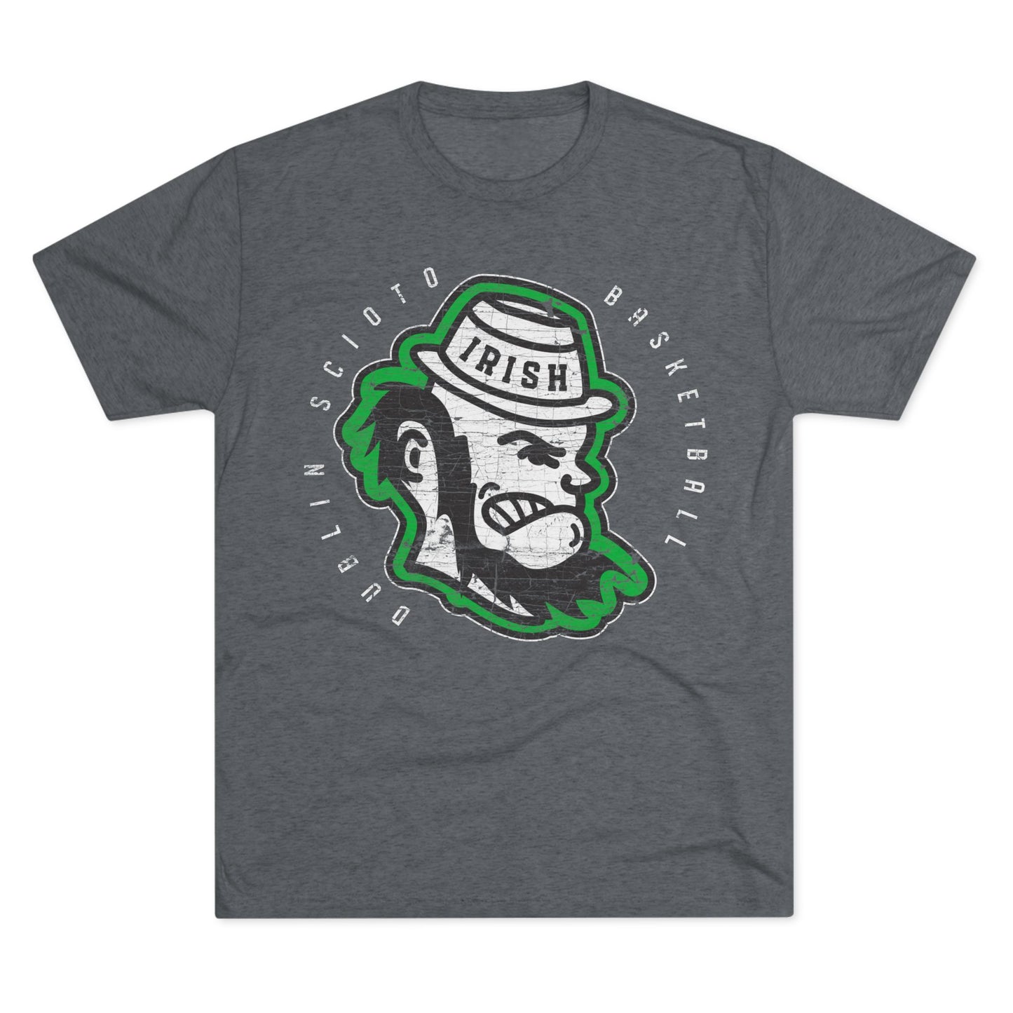 DUBLIN SCIOTO BASKETBALL_LEPRECHAUN HEAD ICON_DISTRESSED-Unisex Tri-Blend Crew Tee