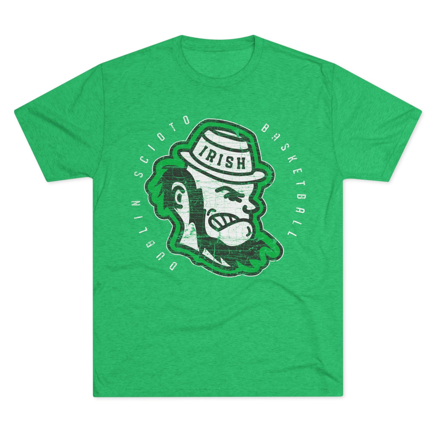 DUBLIN SCIOTO BASKETBALL_LEPRECHAUN HEAD ICON_DISTRESSED-Unisex Tri-Blend Crew Tee