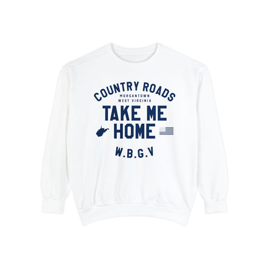 COUNTRY ROADS_TAKE ME HOME_WV STATE SHAPE_USA FLAG_W.B.G.V. MORGANTOWN WEST VIRGINIA-Unisex Garment-Dyed Sweatshirt