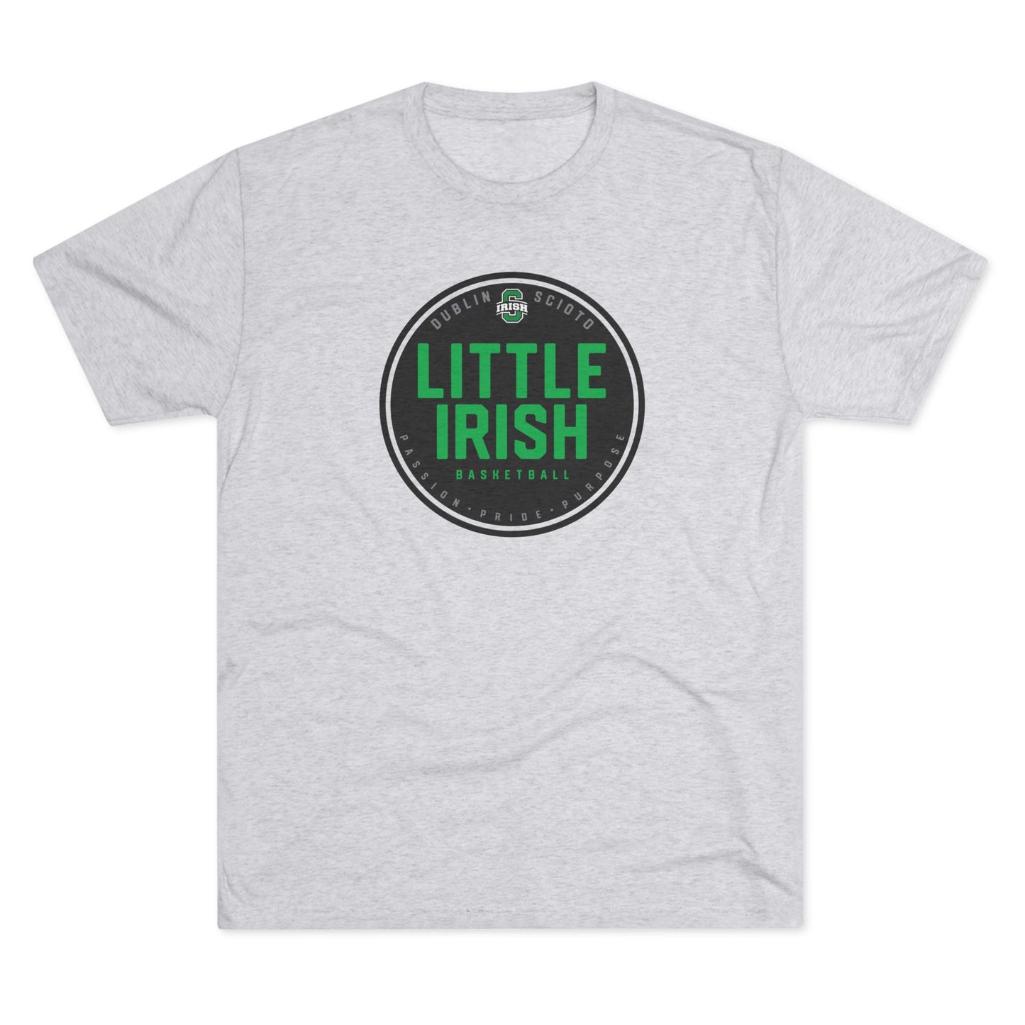 Little Irish Medallion_PASSION-PRIDE-PURPOSE_DUBLIN SCIOTO_SCIOTO BLOCK S LOGO_Back icon graphics – comfy Tri-blend T-shirt