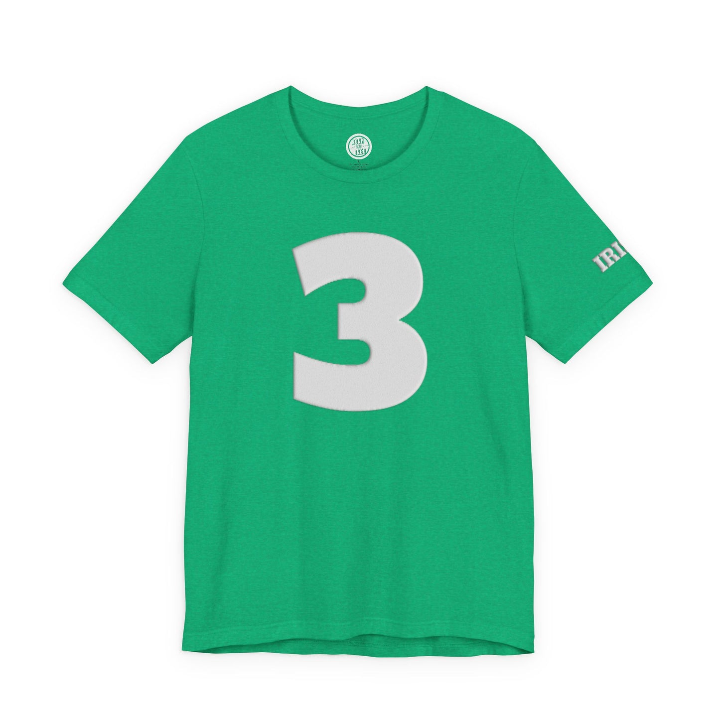 3(front)_BROWN(back)_IRISH (sleeve) — Bold White ‘3’ Graphic T-Shirt