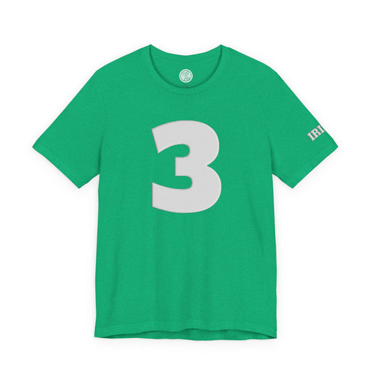 3(front)_BROWN(back)_IRISH (sleeve) — Bold White ‘3’ Graphic T-Shirt