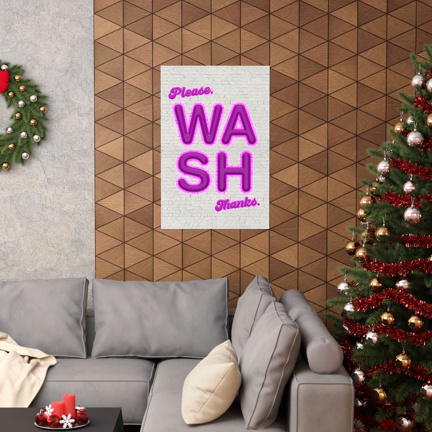 PLEASE, WASH_THANKS. Neon look on brick wall – Premium Matte vertical posters