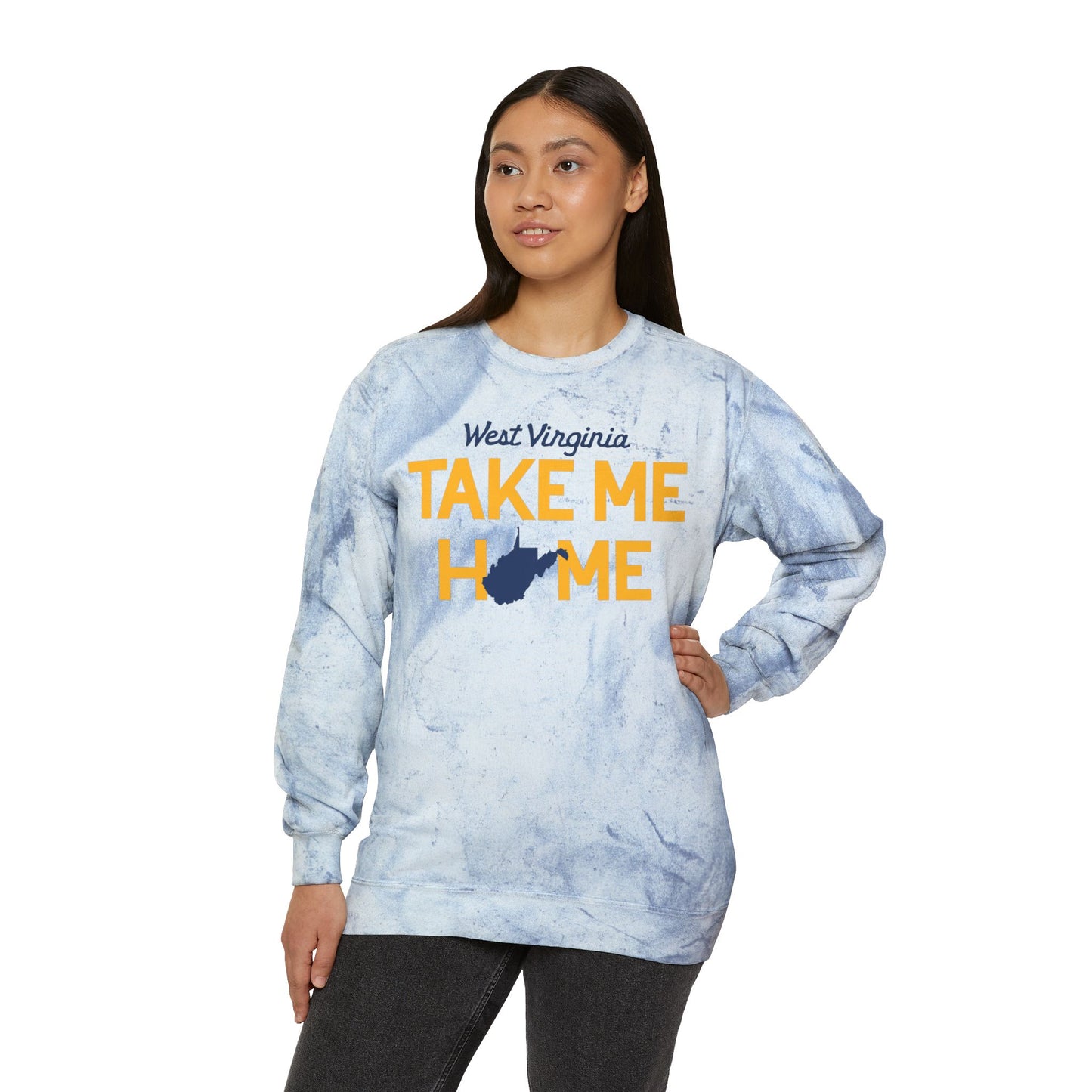 WEST VIRIGINIA (script)_TAKE ME HOME (WV State Shape)-Unisex Color Blast Crewneck Sweatshirt