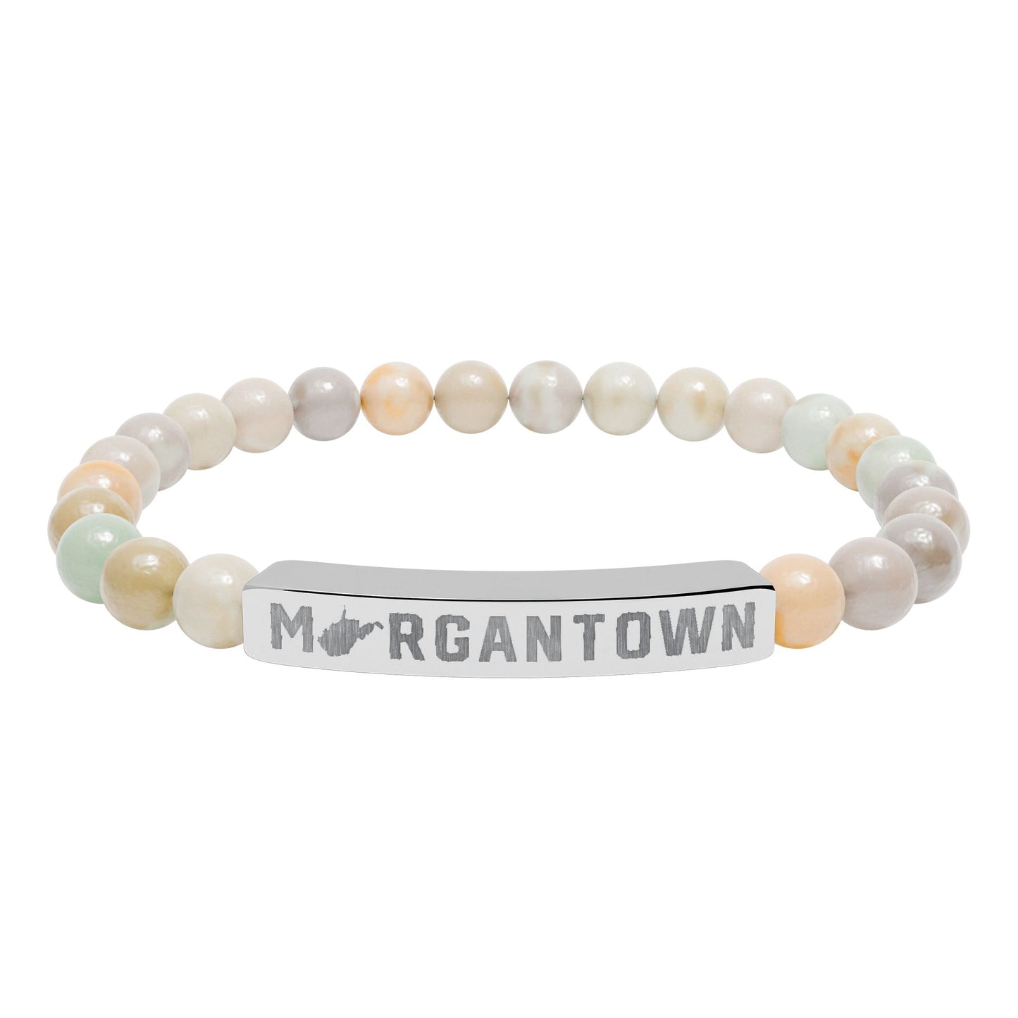 MORGANTOWN_WV STATE SHAPE – Engraved Natural Stone Stretch Bar Bracelet