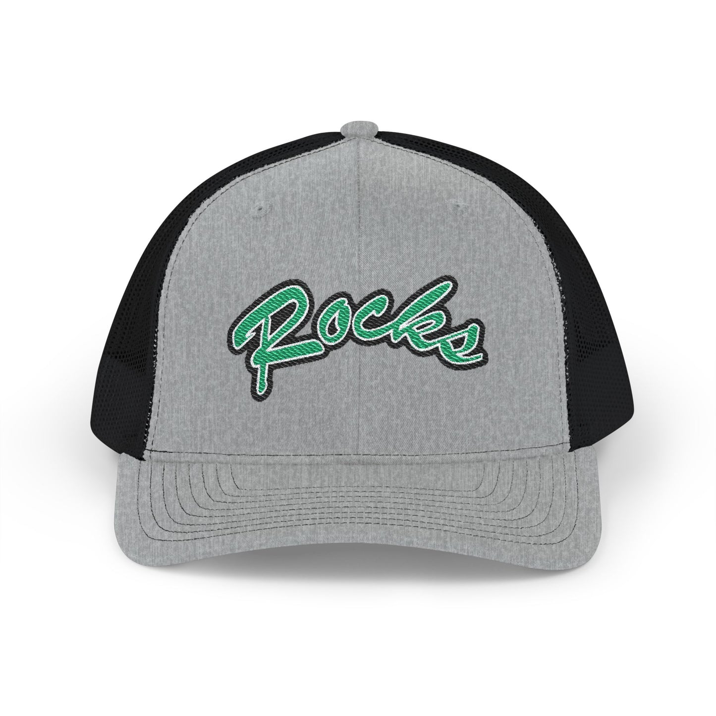 ROCKS Embroidered Trucker Snapback Cap — Black Front, White Mesh