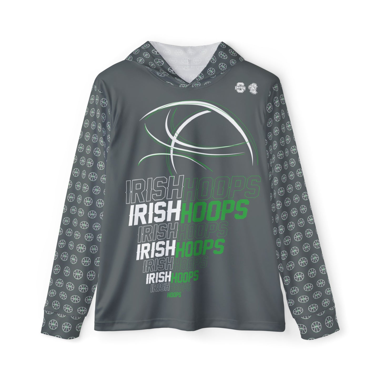 IRISH HOOPS graphic_DUBLIN SCIOTO FIGHTING IRISH logo pattern (sleeves, hood, back)-Men's Sports Warmup Hoodie (AOP)