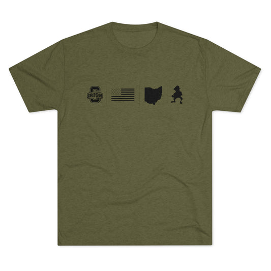 ICONS_SCIOTO_STARS AND STRIPES_OH STATE SHAPE_LEPRECHAUN SILHOUETTE-Unisex Tri-Blend Crew Tee